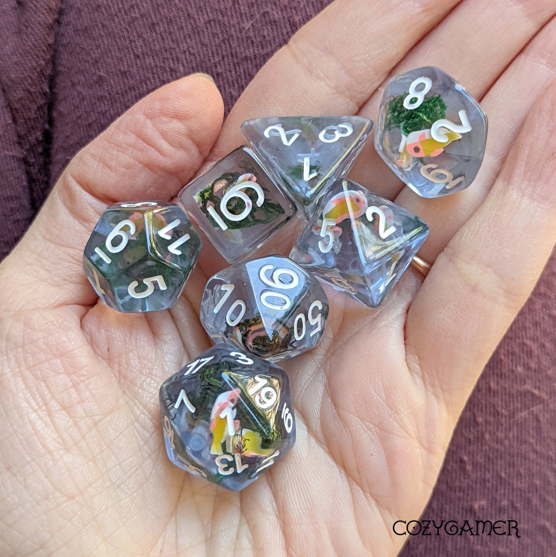 Blue Swimming Fish DnD Dice Set – 7 - Piece Clear Resin Moss Dice - Fennek and Finch