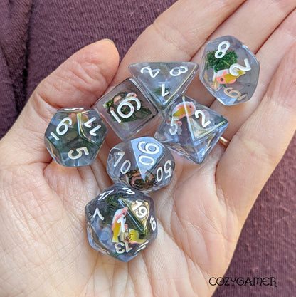 Blue Swimming Fish DnD Dice Set – 7 - Piece Clear Resin Moss Dice - Fennek and Finch