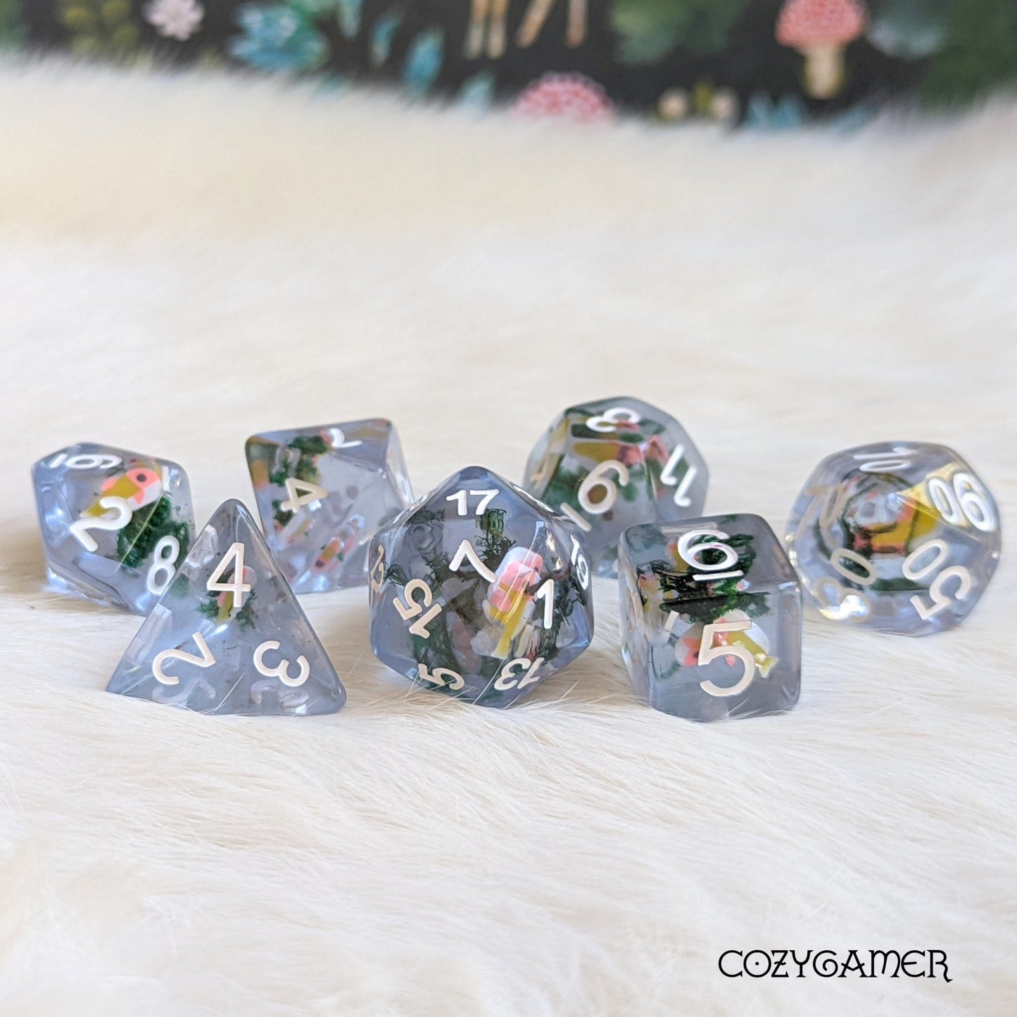 Blue Swimming Fish DnD Dice Set – 7 - Piece Clear Resin Moss Dice - Fennek and Finch