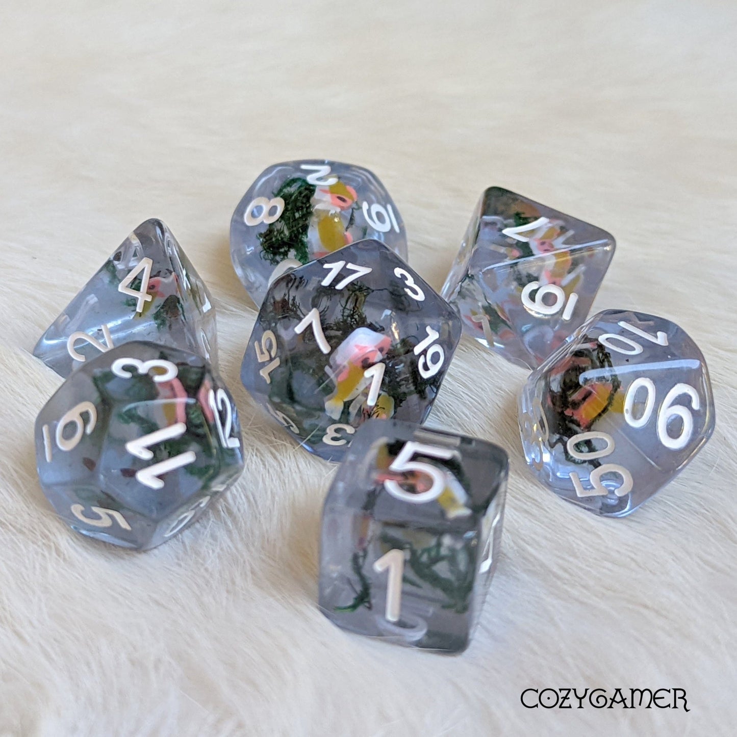 Blue Swimming Fish DnD Dice Set – 7 - Piece Clear Resin Moss Dice - Fennek and Finch