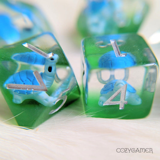 Blue Turtle Dice Set – 7 - Piece Clear Tiny Animal DnD Dice - Fennek and Finch