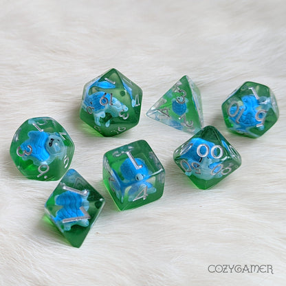 Blue Turtle Dice Set – 7 - Piece Clear Tiny Animal DnD Dice - Fennek and Finch