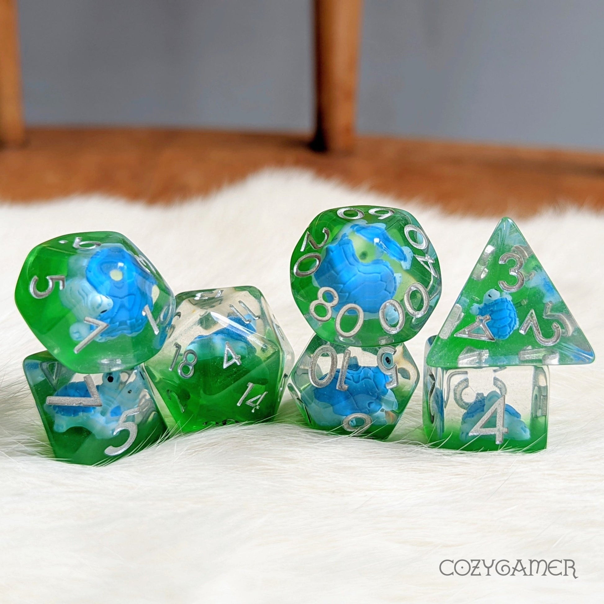 Blue Turtle Dice Set – 7 - Piece Clear Tiny Animal DnD Dice - Fennek and Finch