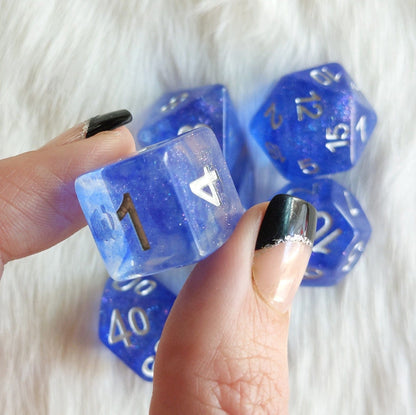 Blue Veil Dice Set – 7-Piece Translucent Blue Shimmer DnD Dice Dice Sets & Games Fennek and Finch