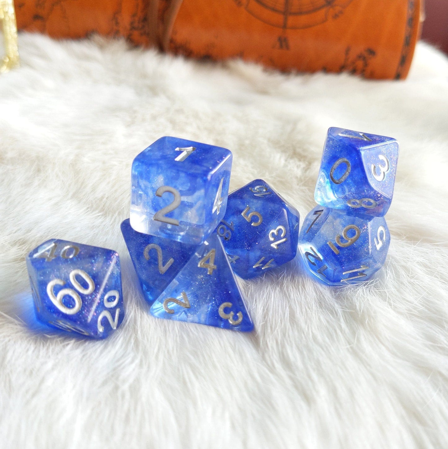 Blue Veil Dice Set. Clear resin dice with blue clouds and glitter - CozyGamer