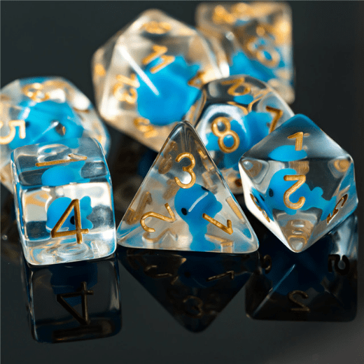 Blue Whale Dice Set. Tiny Blue Resin Whales in Clear Resin