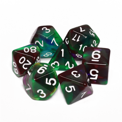 Bottom of the Sea Dice Set. Marbled Clear Blue Purple Green Red Dice
