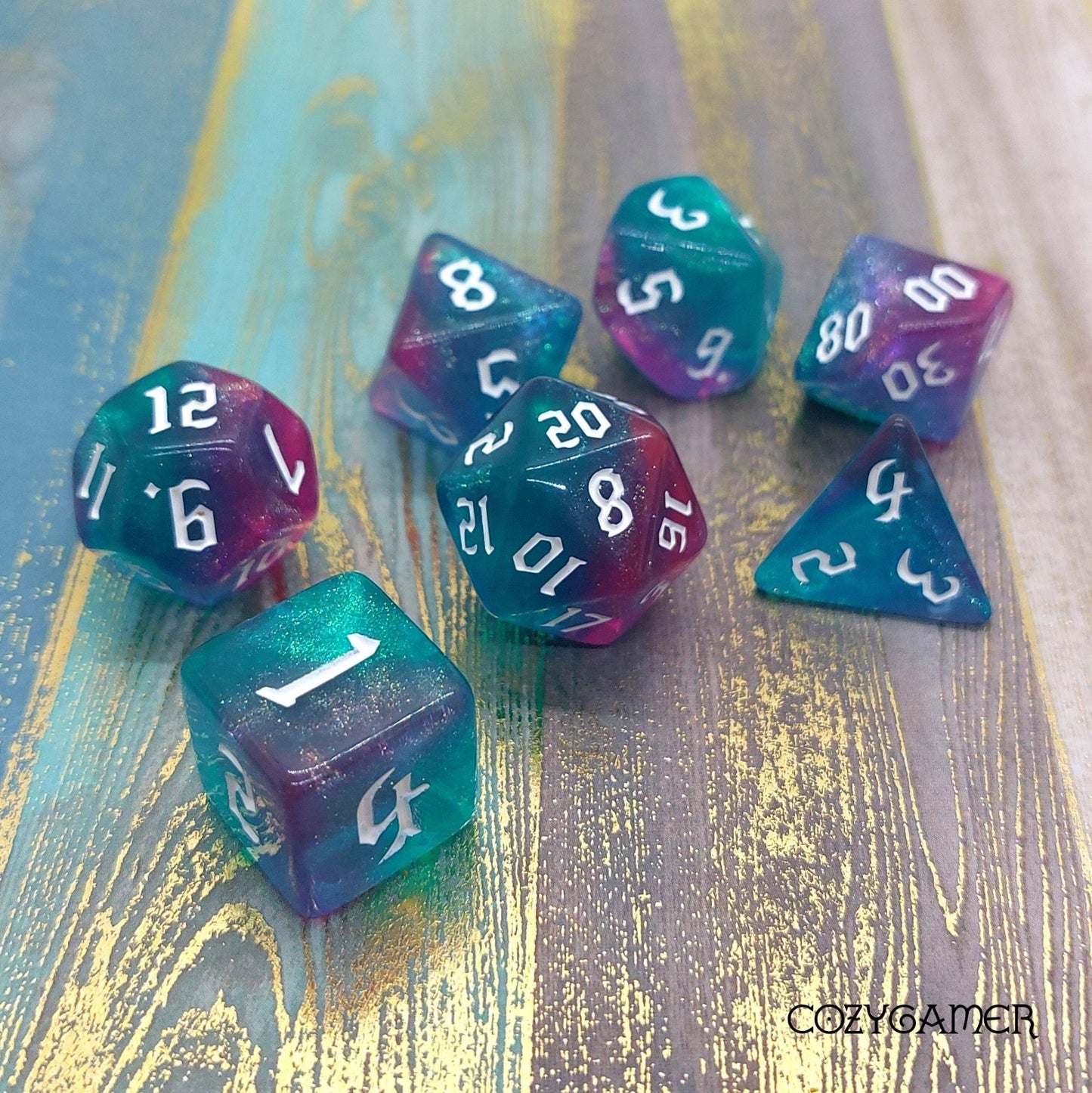 Bright Bolt Dice Set – 7 - Piece Marbled Blue Purple Glitter DnD Dice - Fennek and Finch