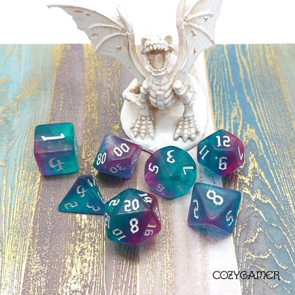 Bright Bolt Dice Set – 7 - Piece Marbled Blue Purple Glitter DnD Dice - Fennek and Finch