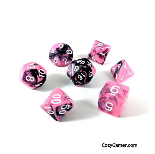 Bright Encounter DnD Dice Set, Black and Pink Marble Dice - CozyGamer