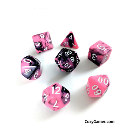 Bright Encounter DnD Dice Set, Black and Pink Marble Dice - CozyGamer