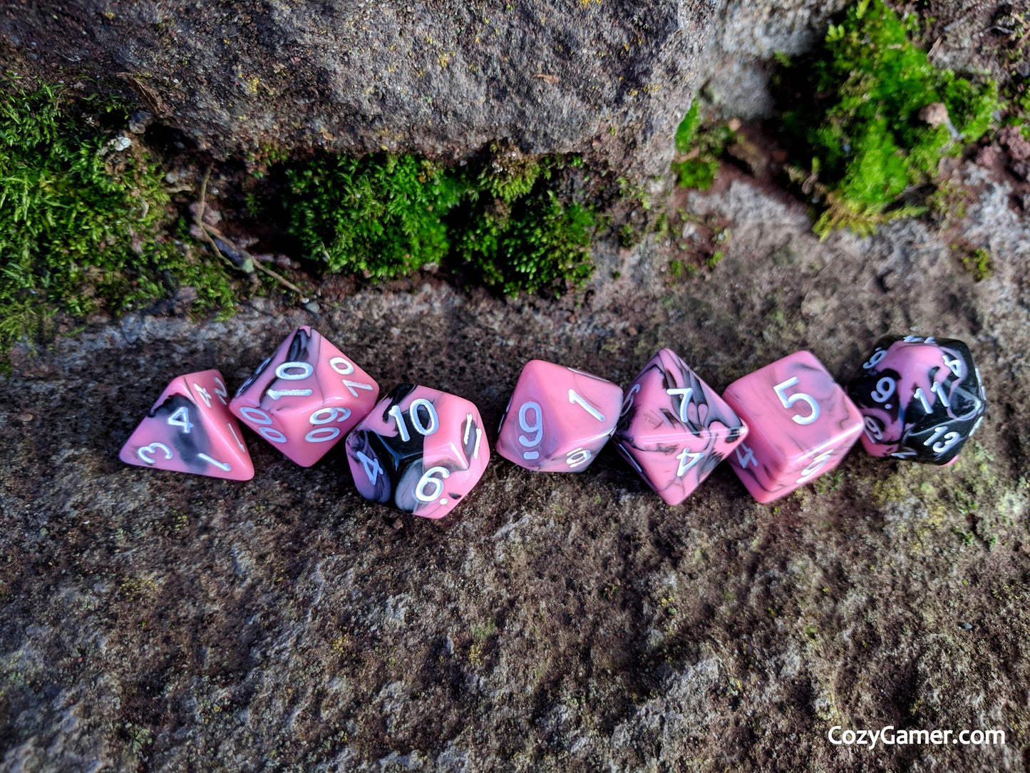 Bright Encounter DnD Dice Set, Black and Pink Marble Dice - CozyGamer