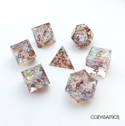 Brightened Passion Sharp Edge Dice Set. Iridescent shimmering glitter and copper flakes