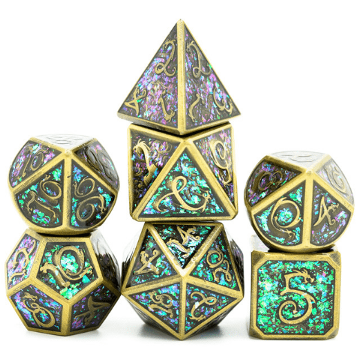 Bronze Cloud Dragon Metal Dice Set – 7 - Piece Purple Green Glitter DnD Dice - Fennek and Finch