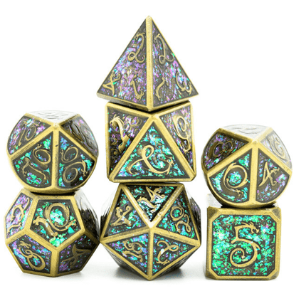 Bronze Cloud Dragon Metal Dice Set – 7 - Piece Purple Green Glitter DnD Dice - Fennek and Finch