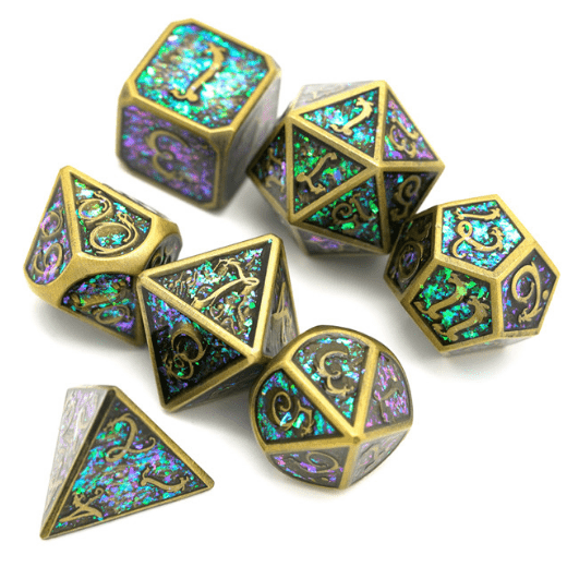 Bronze Cloud Dragon Metal DnD Dice Set with glittery purple and green faces, perfect for Dungeons and Dragons and Magic the Gathering.