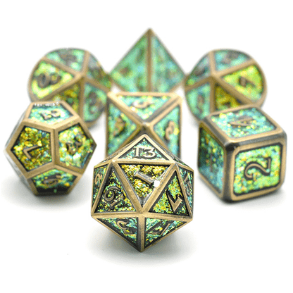 Bronze Green Gold Metal Dice Set – 7-Piece Color Shifting Glitter DnD Dice Dice sets Fennek and Finch
