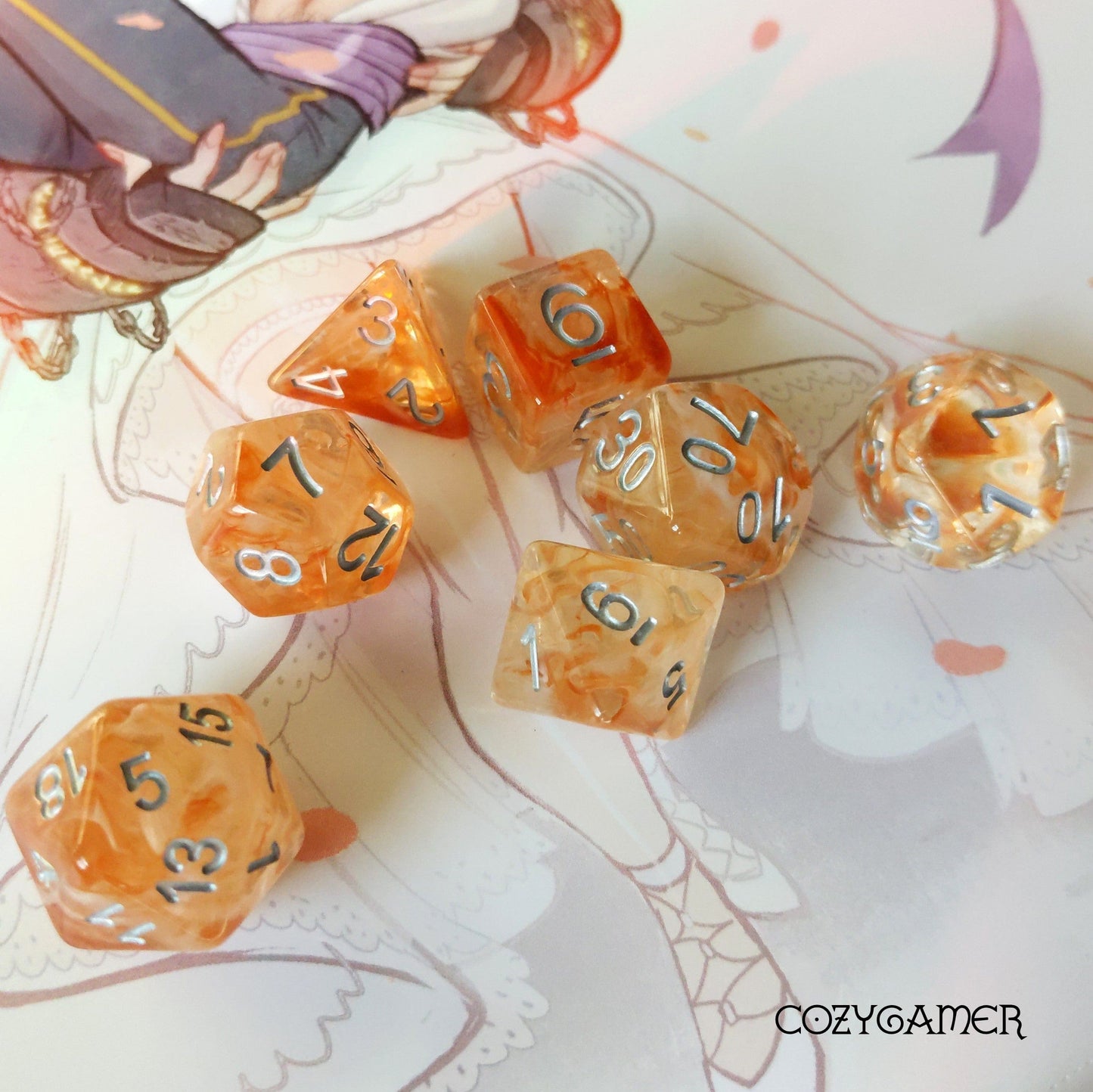 Orange polyhedral dice set for tabletop RPGs with white numbers on an illustrated background.