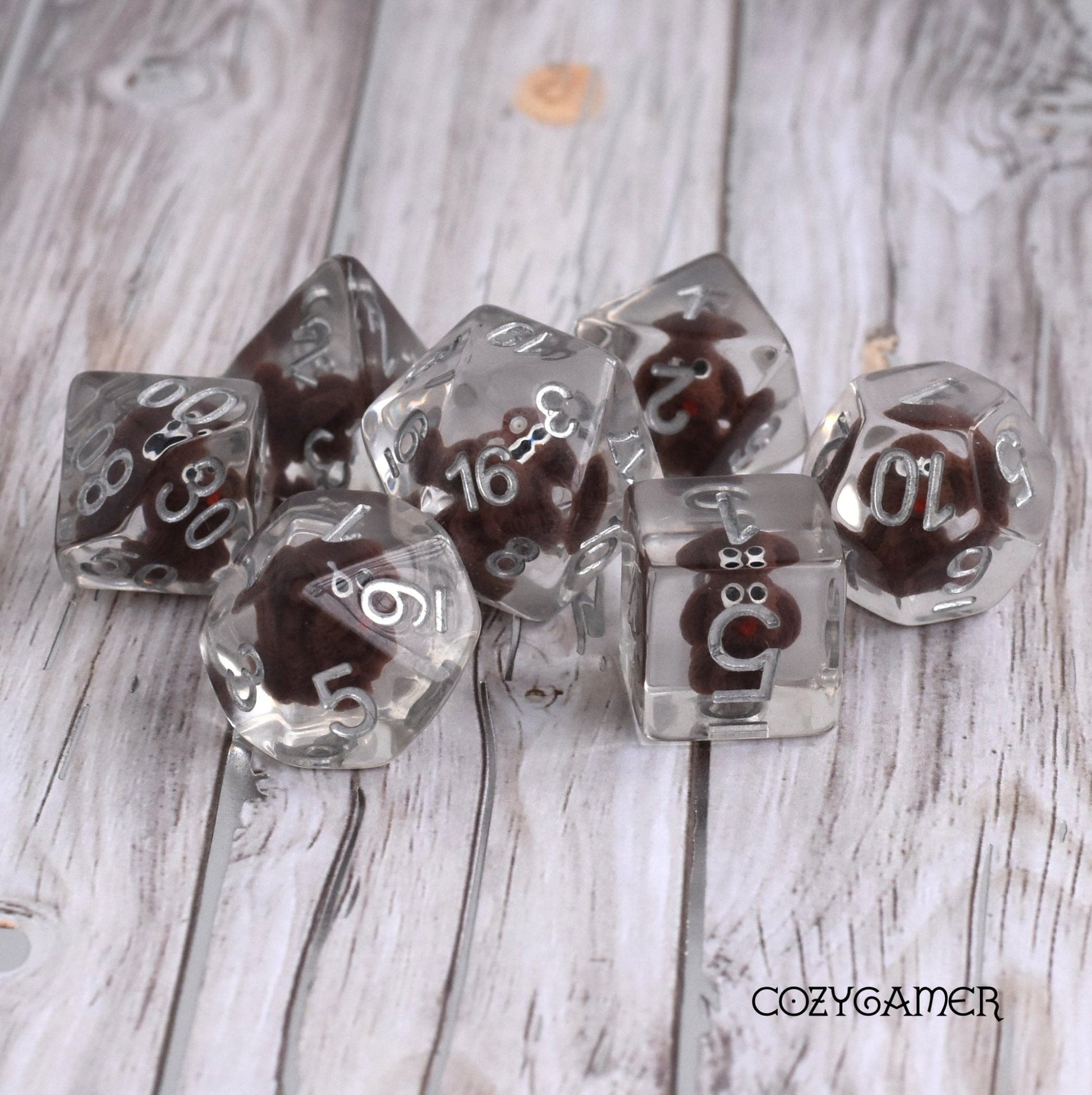Brown Doggo Dice Set – 7-Piece Clear Resin Tiny Dogs Translucent DnD Dice Dice Sets & Games Fennek and Finch