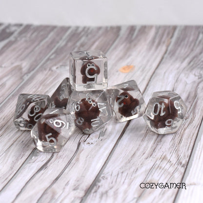 Brown Doggo Dice Set. Clear Resin with Tiny Dogs