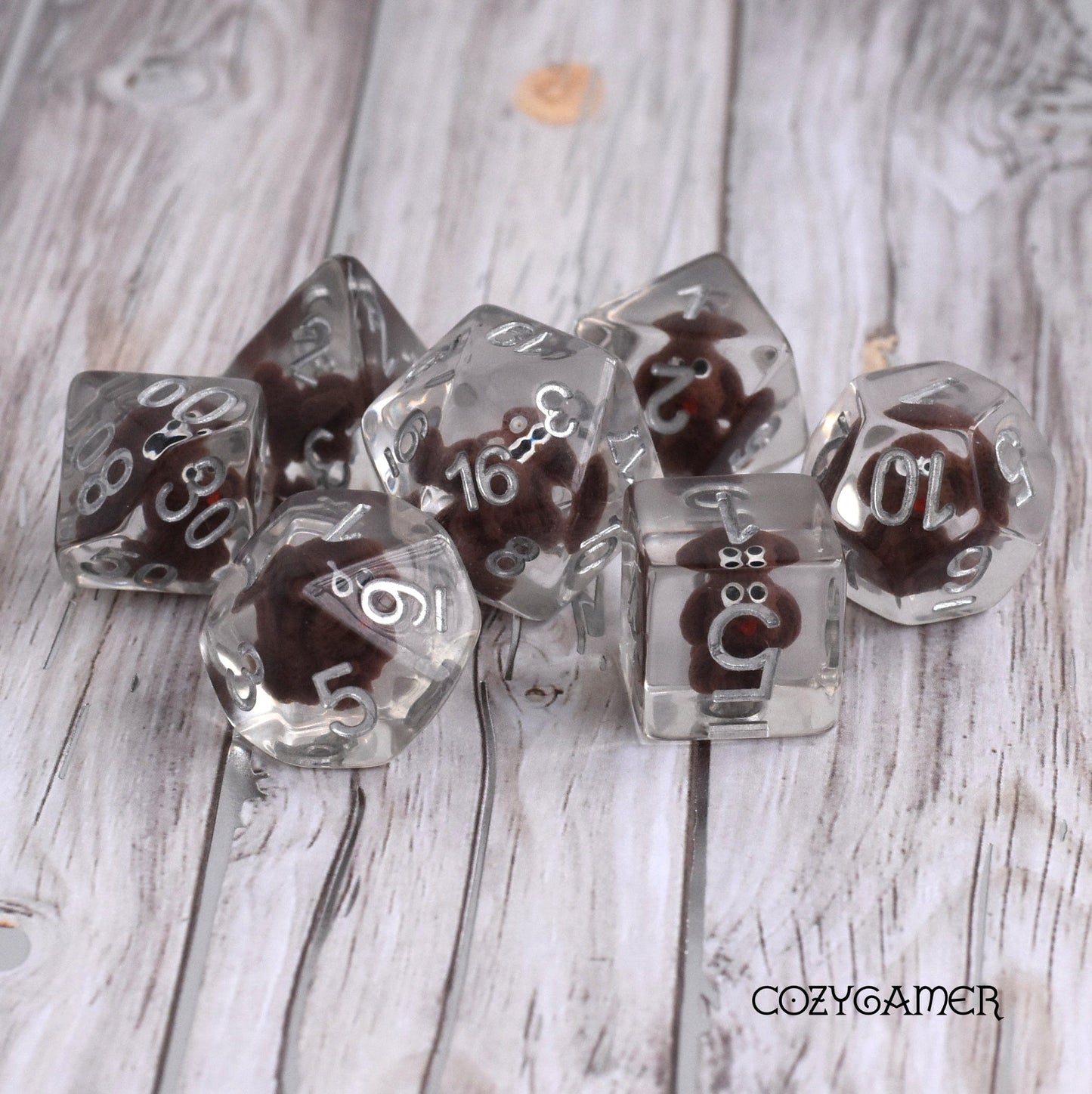 Brown Doggo Dice Set. Clear Resin with Tiny Dogs