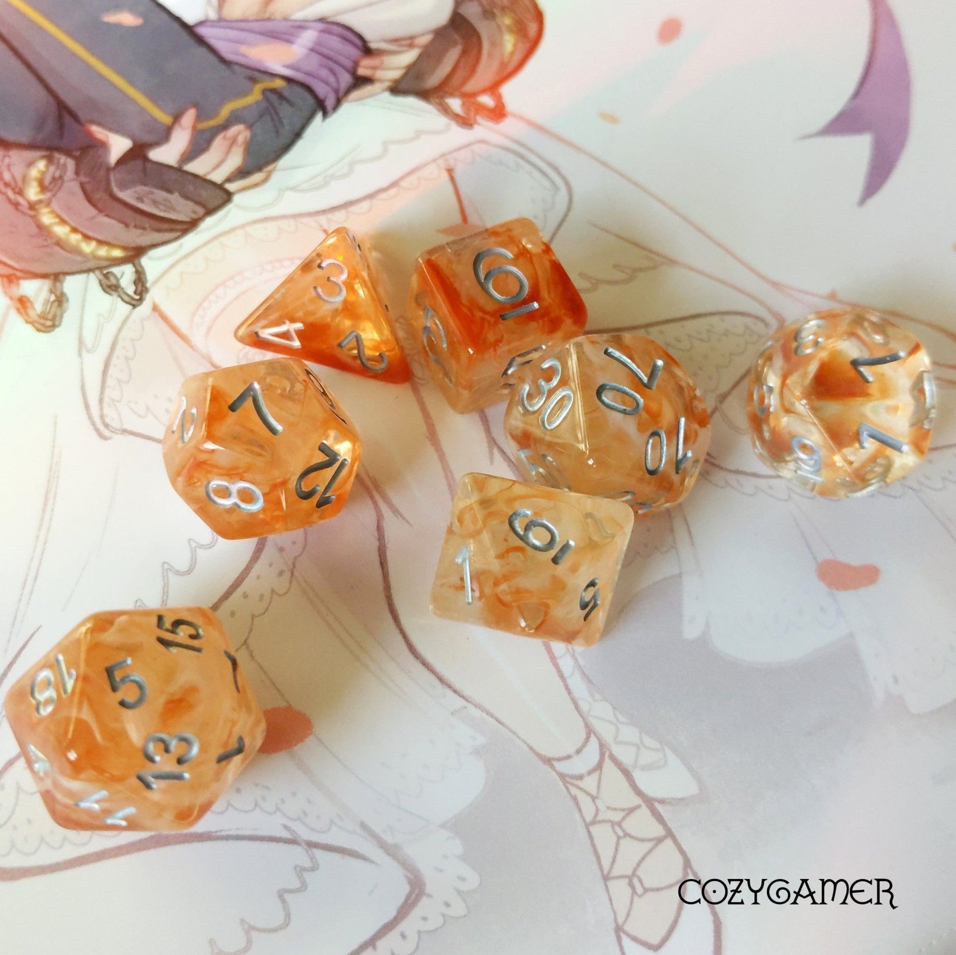 Brown White Smoke Dice Set – 7 - Piece Resin Suspended Smoke DnD Dice - Fennek and Finch