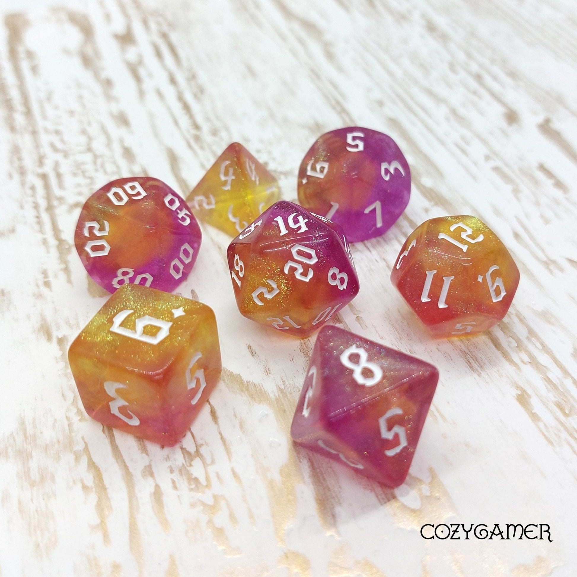 Bubble Bath Dice Set – 7 - Piece Marbled Purple Yellow Shimmer DnD Dice - Fennek and Finch