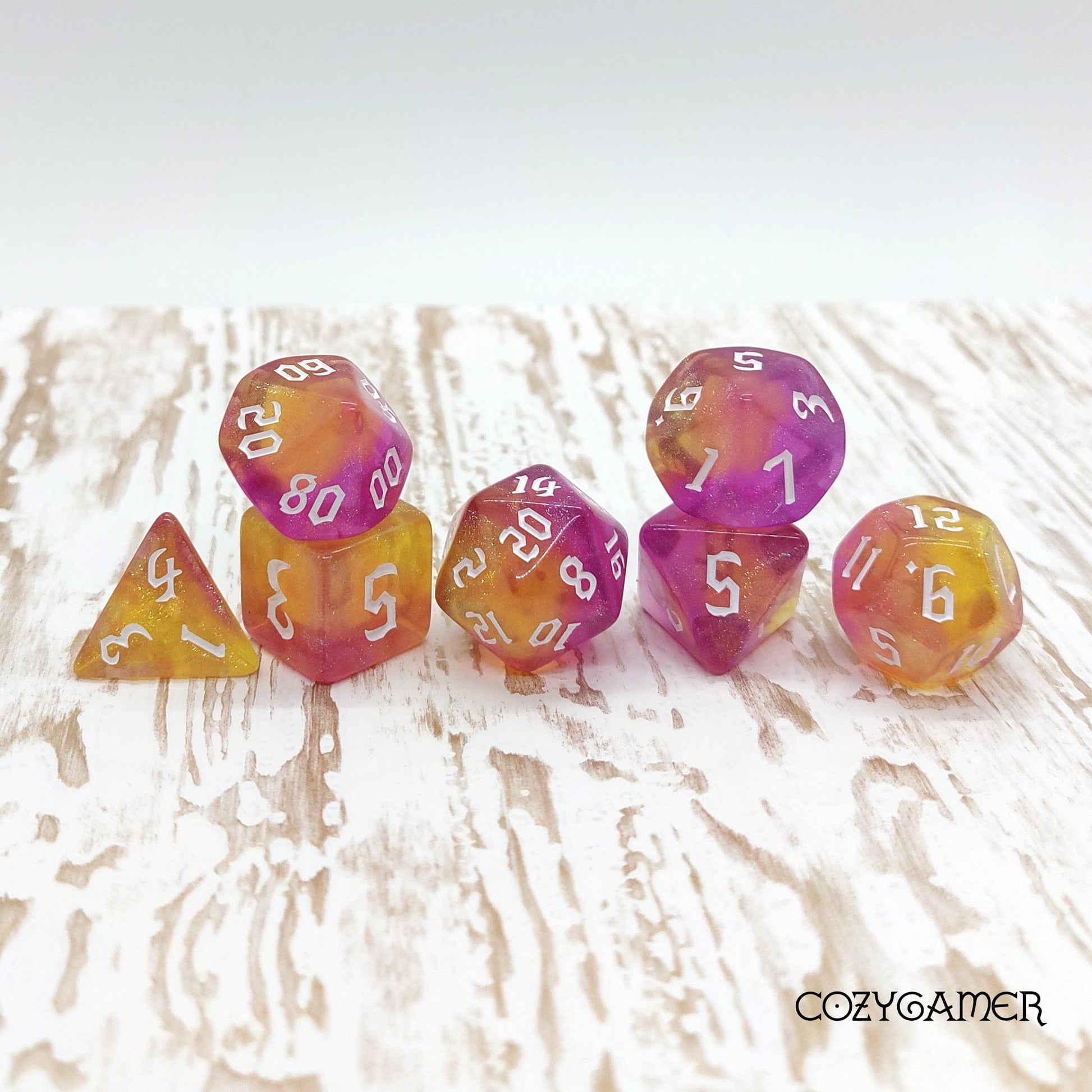 Bubble Bath Dice Set. Marbled Purple and Yellow Shimmering Dice