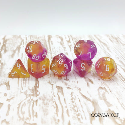 Bubble Bath Dice Set. Marbled Purple and Yellow Shimmering Dice