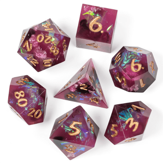 Burgundy and black sharp edge resin dice set with glitter and gold foil. 7 piece polyhedral TTRPG dice for DND gaming.