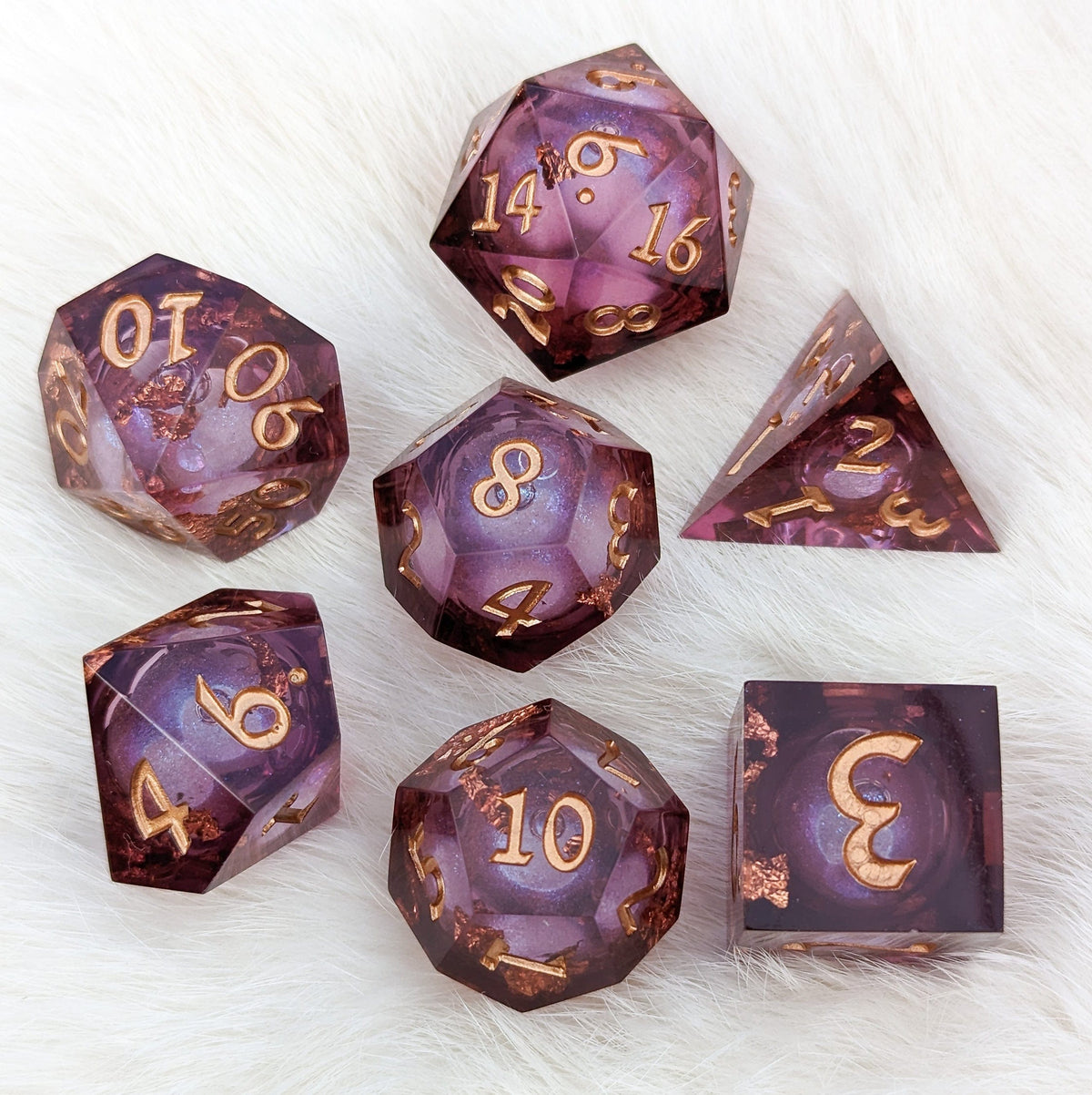 Burgundy and Copper Liquid Core Sharp Edge Resin DnD Dice Set Dice Sets & Games Fennek and Finch