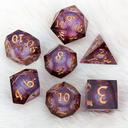 Burgundy and Copper Liquid Core Sharp Edge Resin DnD Dice Set Dice Sets & Games Fennek and Finch
