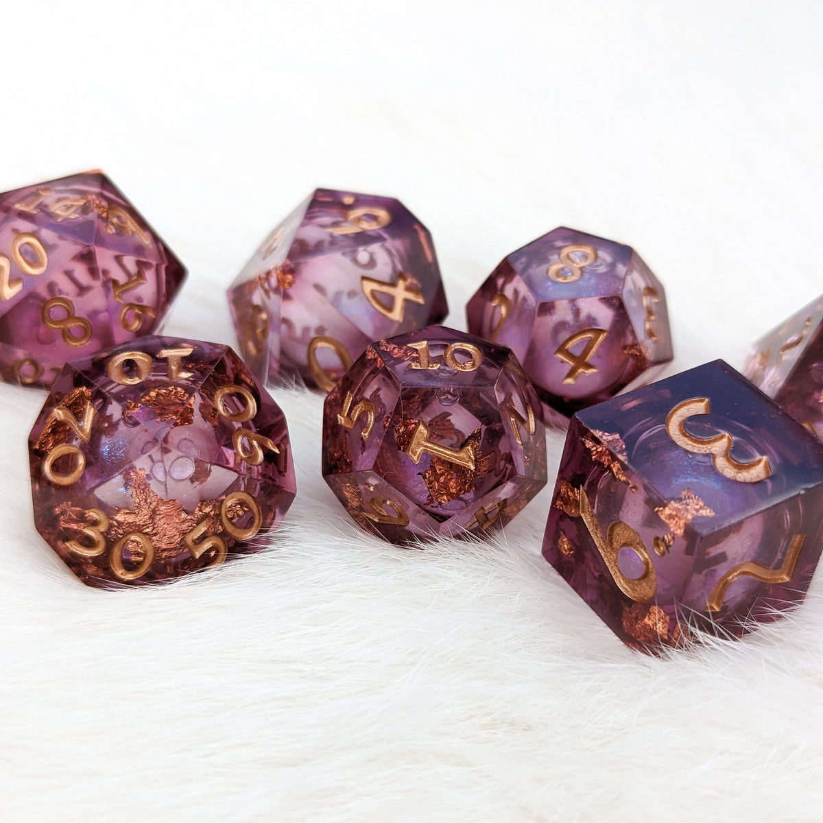 Burgundy and Copper Liquid Core Sharp Edge Resin DnD Dice Set Dice Sets & Games Fennek and Finch