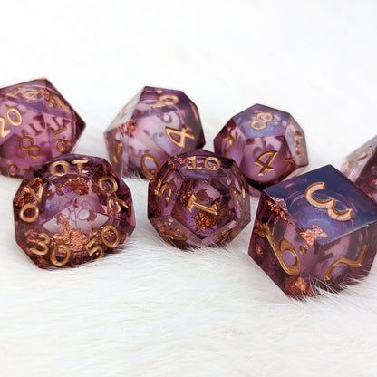 Burgundy and Copper Liquid Core Sharp Edge Resin DnD Dice Set Dice Sets & Games Fennek and Finch