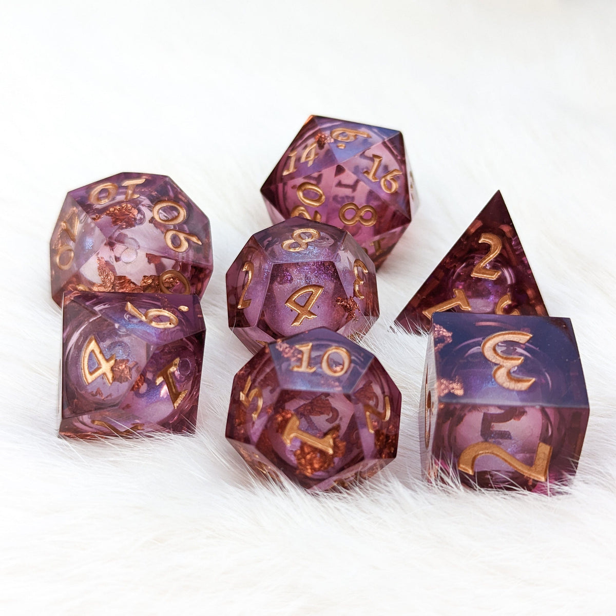 Burgundy and Copper Liquid Core Sharp Edge Resin DnD Dice Set Dice Sets & Games Fennek and Finch
