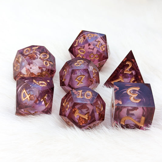 Burgundy and Copper Liquid Core Sharp Edge Resin DnD Dice Set Dice Sets & Games Fennek and Finch