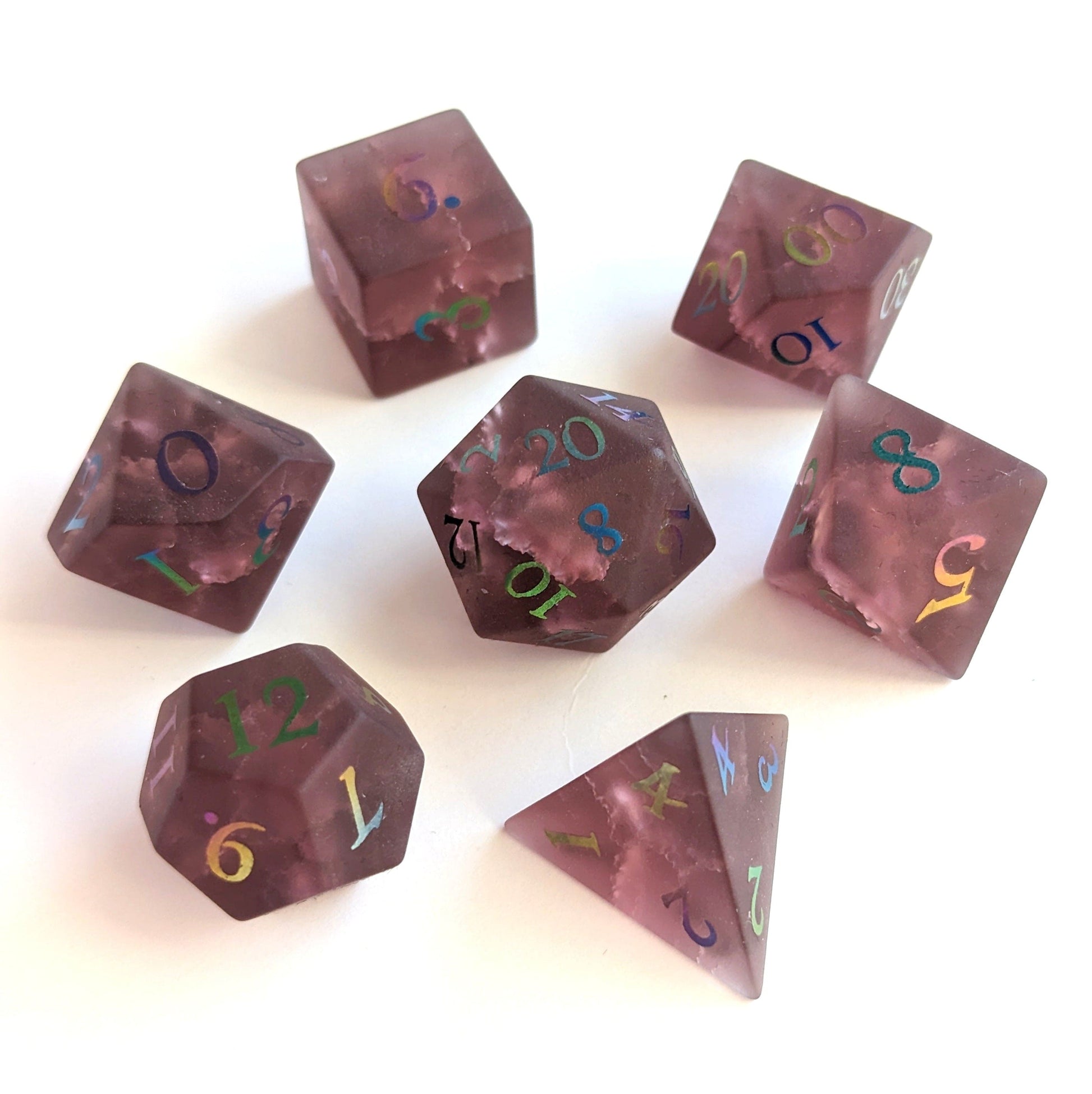 Burgundy crackled glass dice set for DnD, includes d20, d12, d10, d%, d8, d6, and d4, crafted for durability in tabletop gaming.