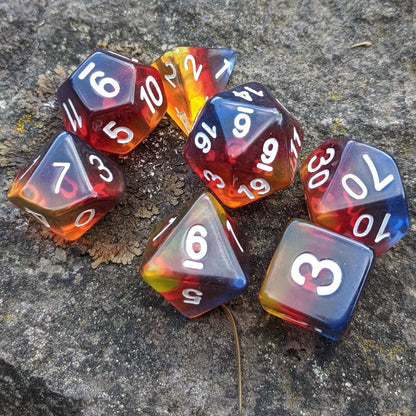 Burning Cloud Dice Set, red, yellow, and blue layered dice set by HD - CozyGamer