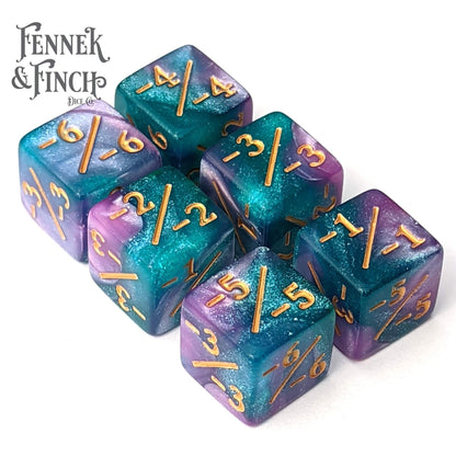 Byzantium Aurora D6 Counter Set – 6 - Piece Blue Purple Glitter Negative Dice - Fennek and Finch