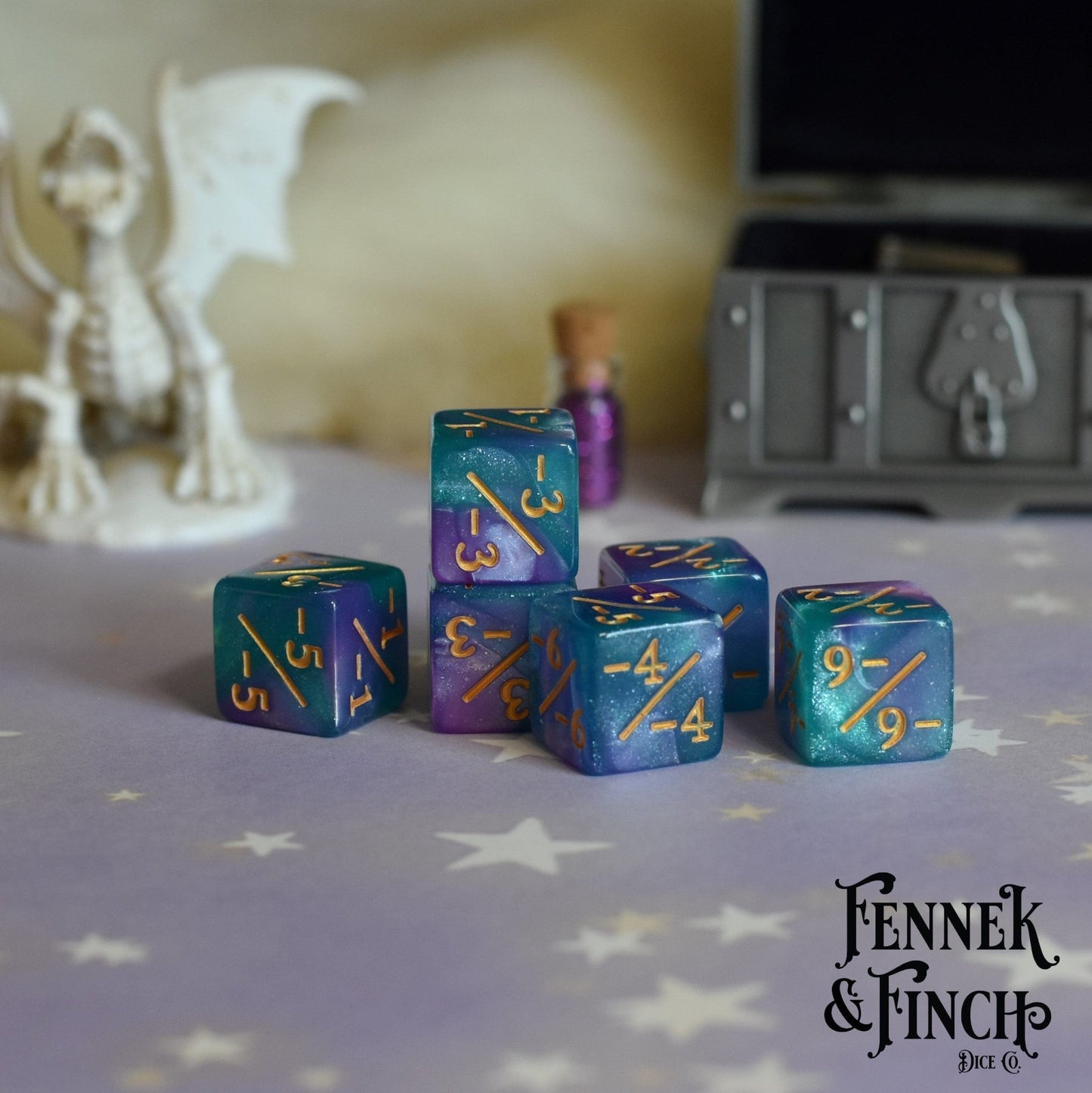 Byzantium Aurora D6 Counter Set – 6 - Piece Blue Purple Glitter Negative Dice - Fennek and Finch