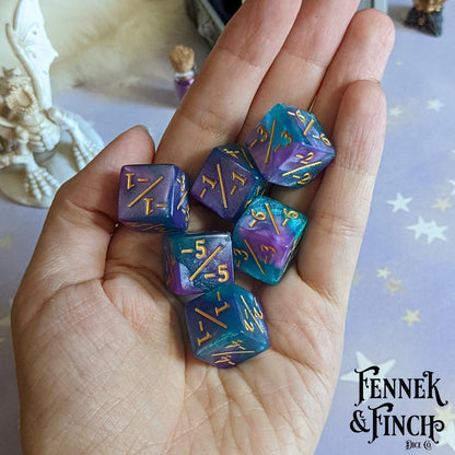 Byzantium Aurora D6 Counter Set – 6 - Piece Blue Purple Glitter Negative Dice - Fennek and Finch