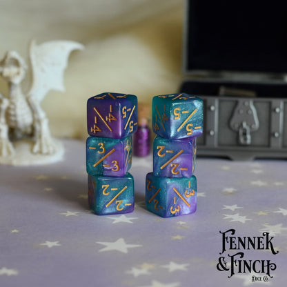 Byzantium Aurora D6 Counter Set – 6 - Piece Blue Purple Glitter Negative Dice - Fennek and Finch