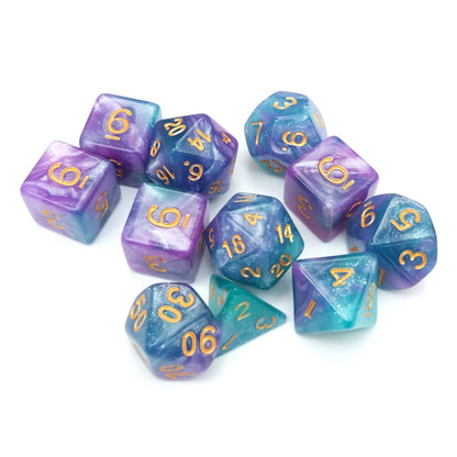 11 Piece Byzantium Dice Set. Blue and Purple Marbled Shimmering TTRPG dice set. - CozyGamer