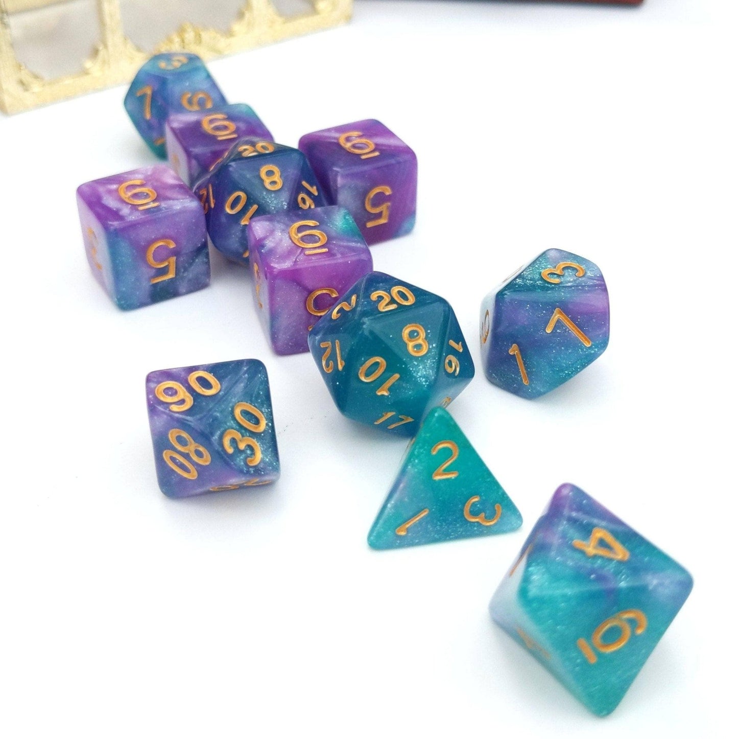 Byzantium Dice Set – 11-Piece Marbled Blue Purple Shimmer Acrylic DnD Dice Dice Sets & Games Fennek & Finch