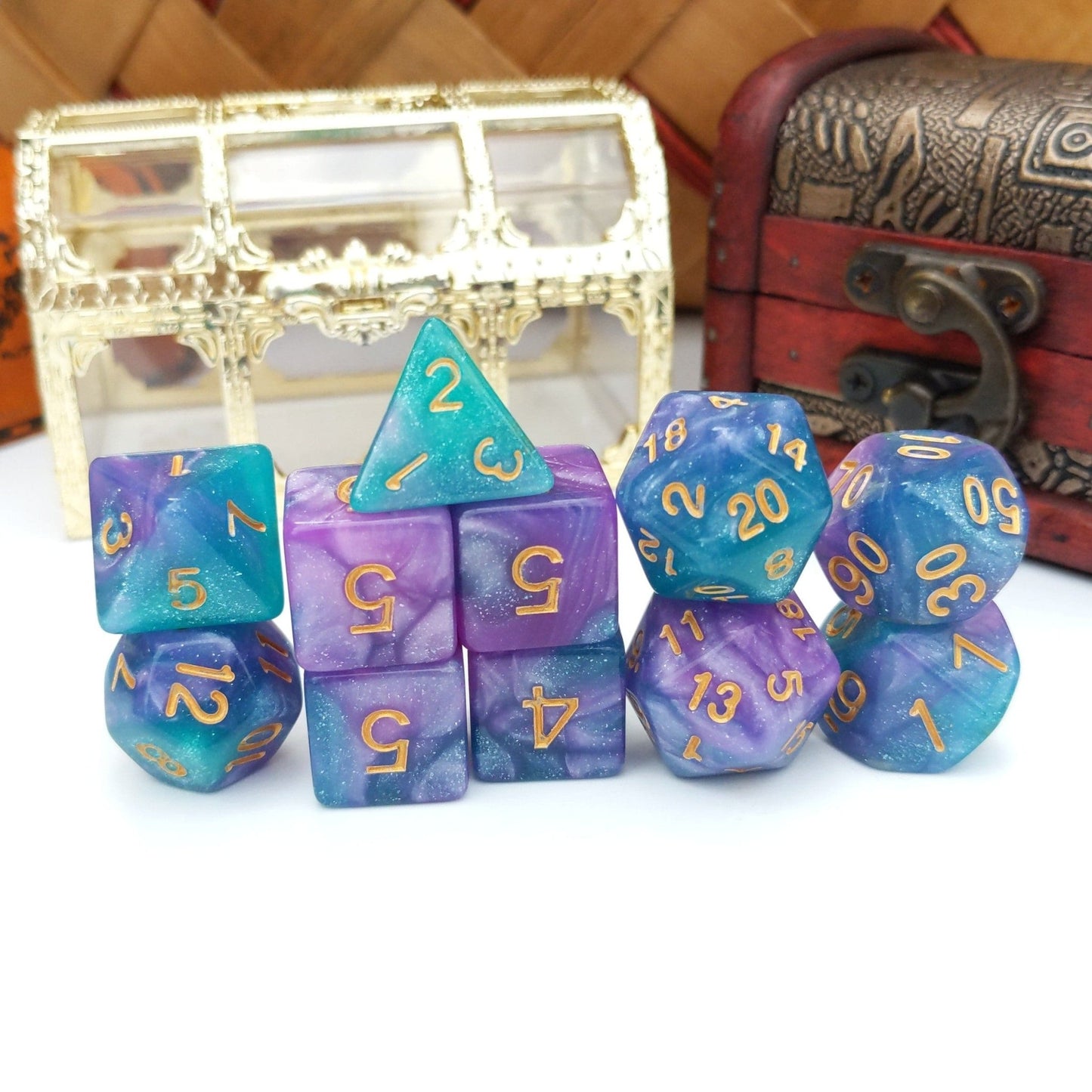 Byzantium Dice Set – 11-Piece Marbled Blue Purple Shimmer Acrylic DnD Dice Dice Sets & Games Fennek & Finch