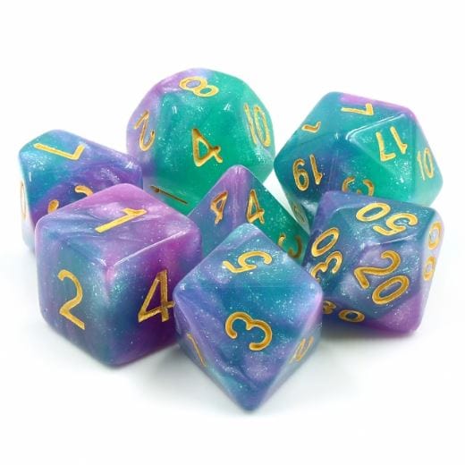Byzantium Dice Set. Blue, purple, and green glittering galaxy dice - CozyGamer