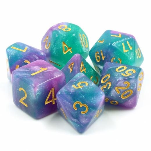 Byzantium Dice Set – Blue, Purple & Green Glittering Galaxy Marble Dice sets Fennek and Finch