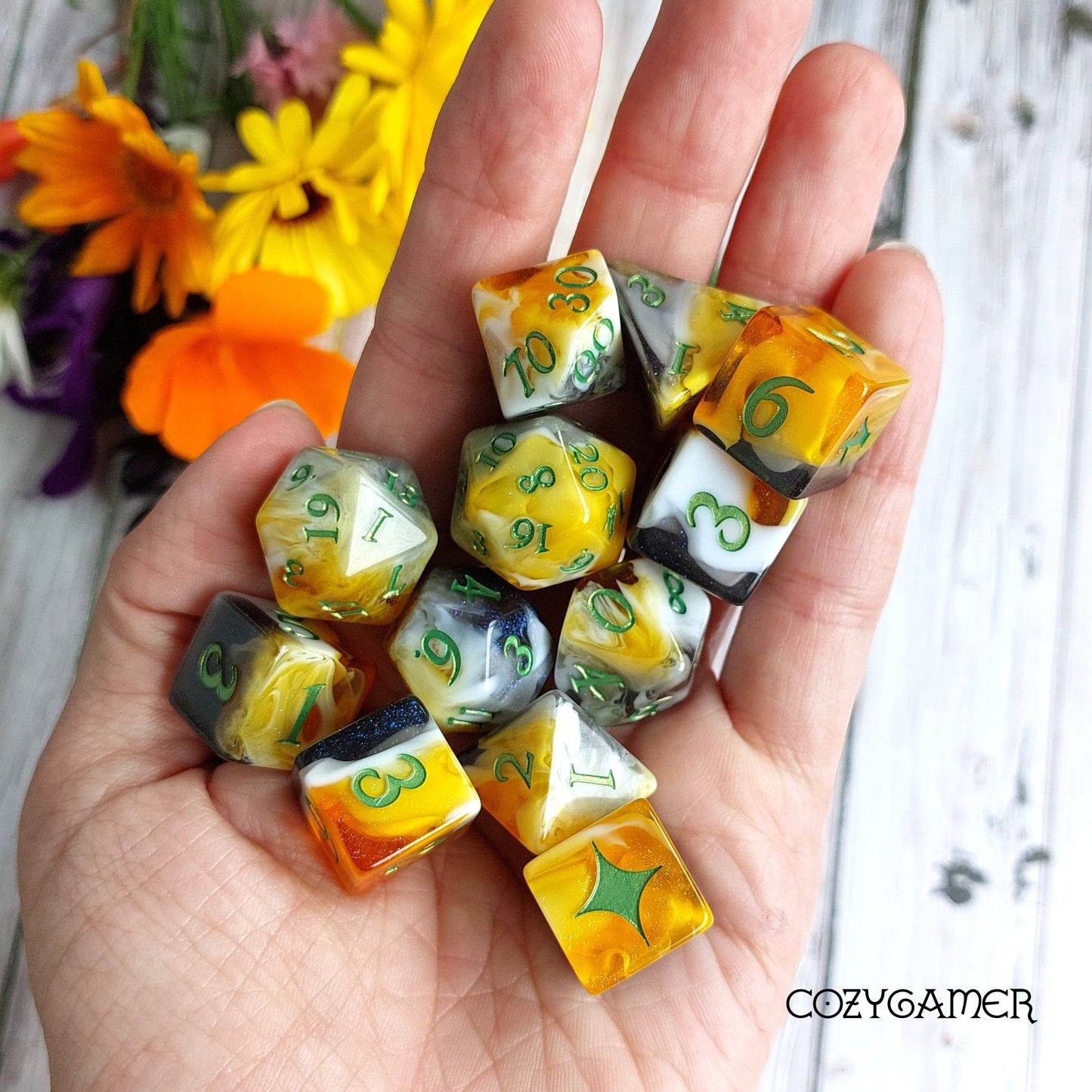 Calico Cat Dice Set, Marbled Orange, Black, and White Cat themed DND Dice. 12 Piece, 8 Piece, D10, and D6 Sets