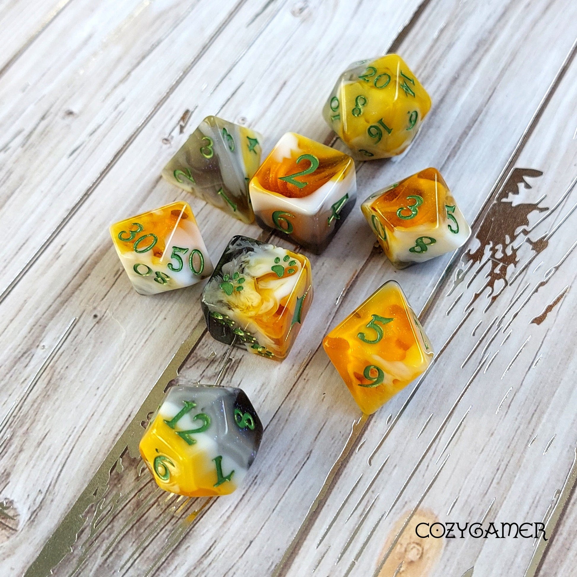 Calico Cat Dice Set, Marbled Orange, Black, and White Cat themed DND Dice. 12 Piece, 8 Piece, D10, and D6 Sets 8 Piece Set