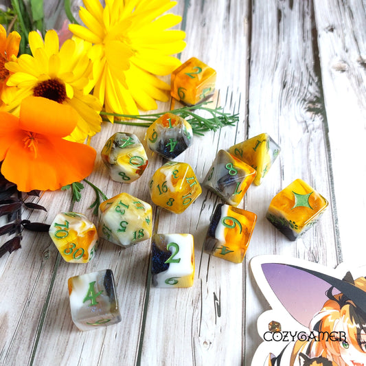 Calico Cat Dice Set, Marbled Orange, Black, and White Cat themed DND Dice. 12 Piece, 8 Piece, D10, and D6 Sets 12 Piece Set
